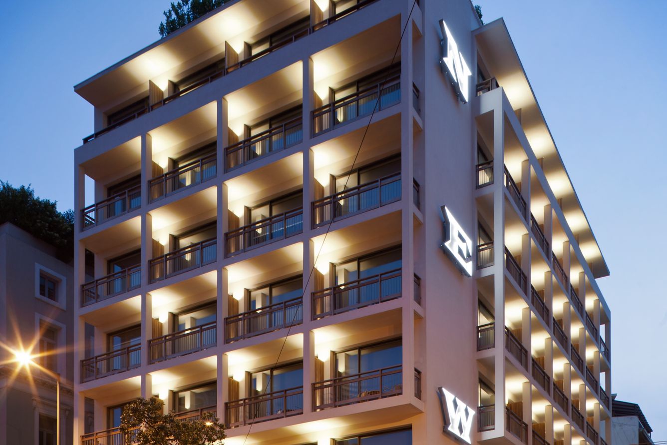 Exterior of New Hotel Athens at dusk